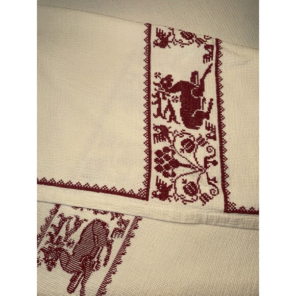 Vintage Christmas Tablecloth Nordic Red Cross Stitch 116x65” Cream Holiday Folk - Picture 7 of 16